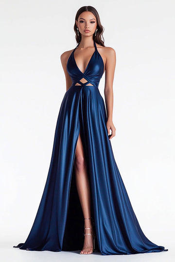 Robe longue de bal en satin bleu marine avec fente